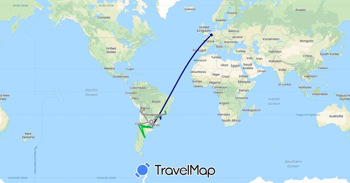 TravelMap itinerary: driving, bus, plane, hiking in Argentina, Belgium, Bolivia, Brazil, Chile (Europe, South America)